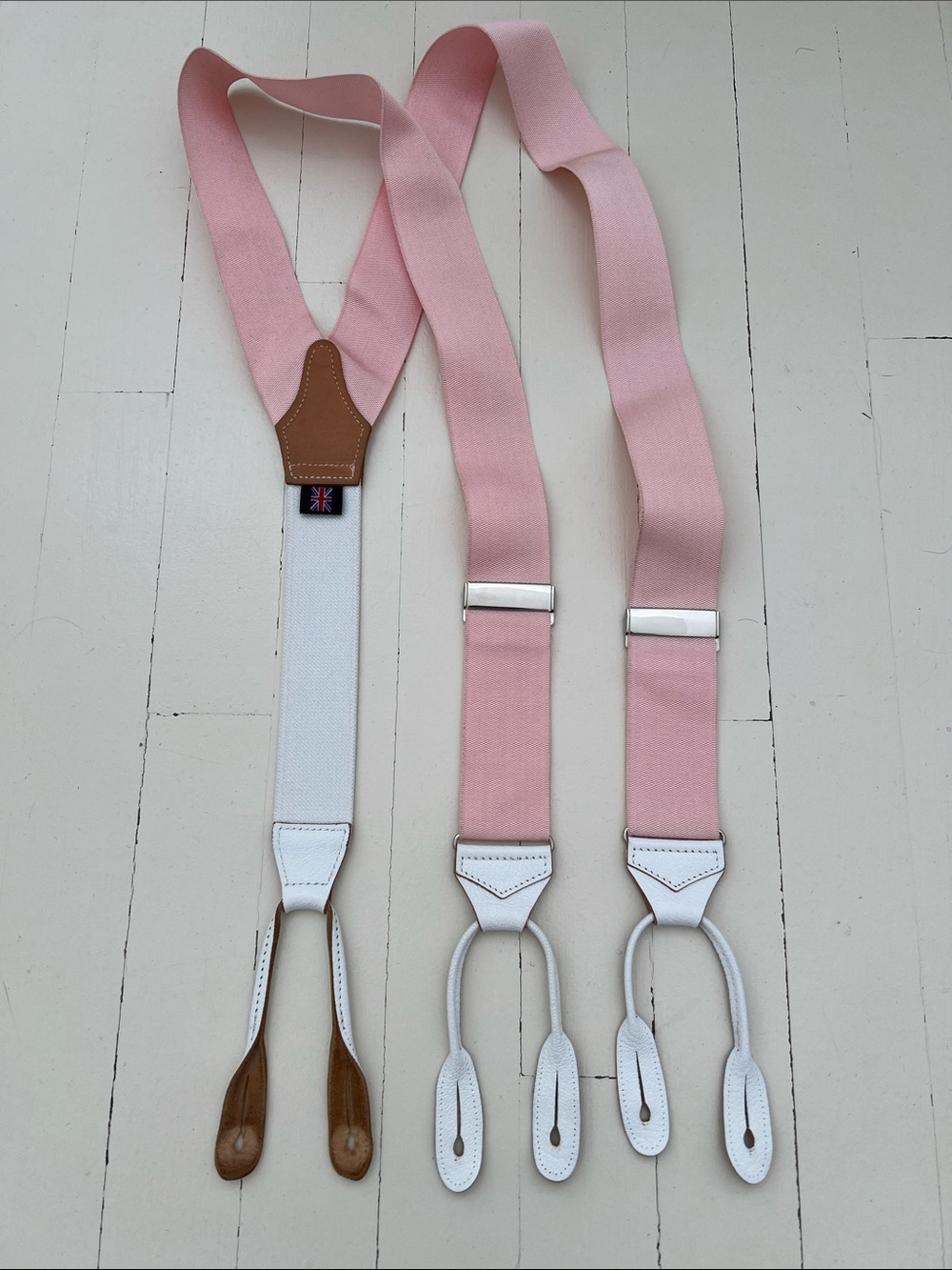 Albert Thurston Pink Suspenders with White Leather Accents